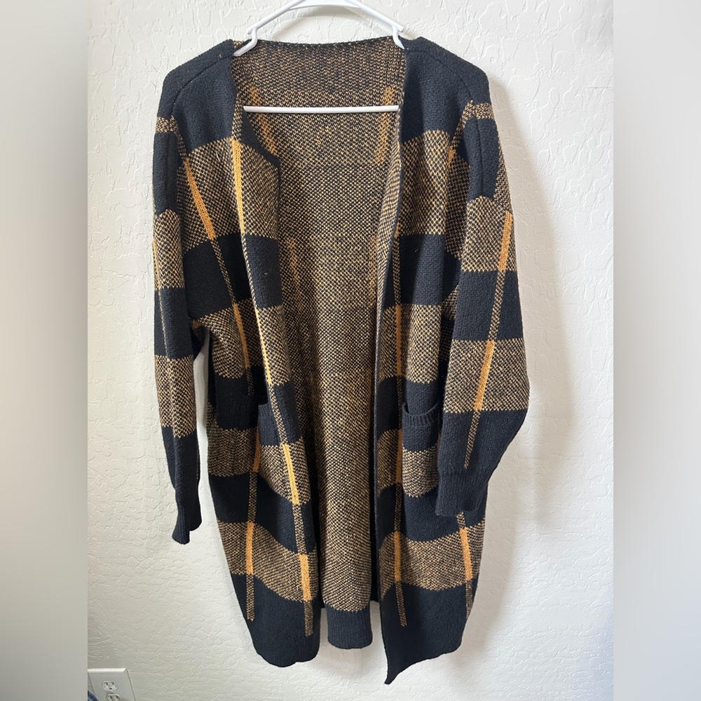 SHEIN Black and Mustard Plaid Long Open Cardigan